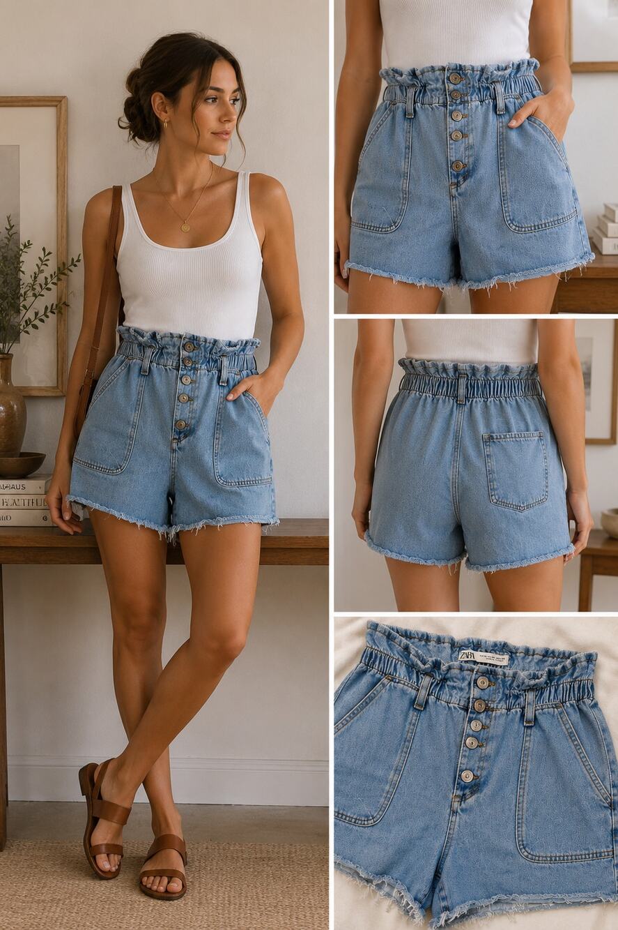 Zara Paperbag Waist Denim‎ Shorts Size 6 Light Wash High Rise Raw Hem ✨